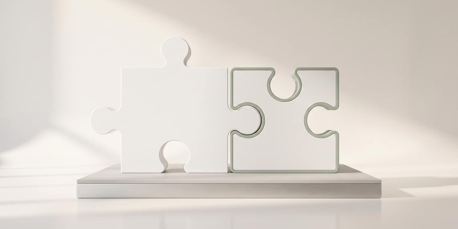 Two large white puzzle pieces about to interlock, one edged in sage green