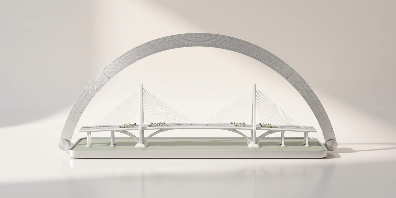 A white model of a cable-stayed bridge under a silver measuring arch