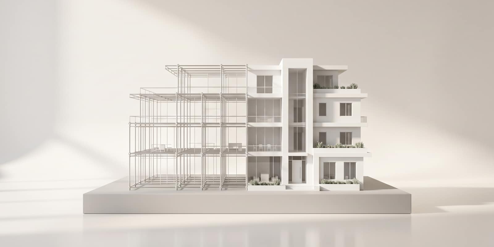 A white model building, half finished and half an open silver wireframe