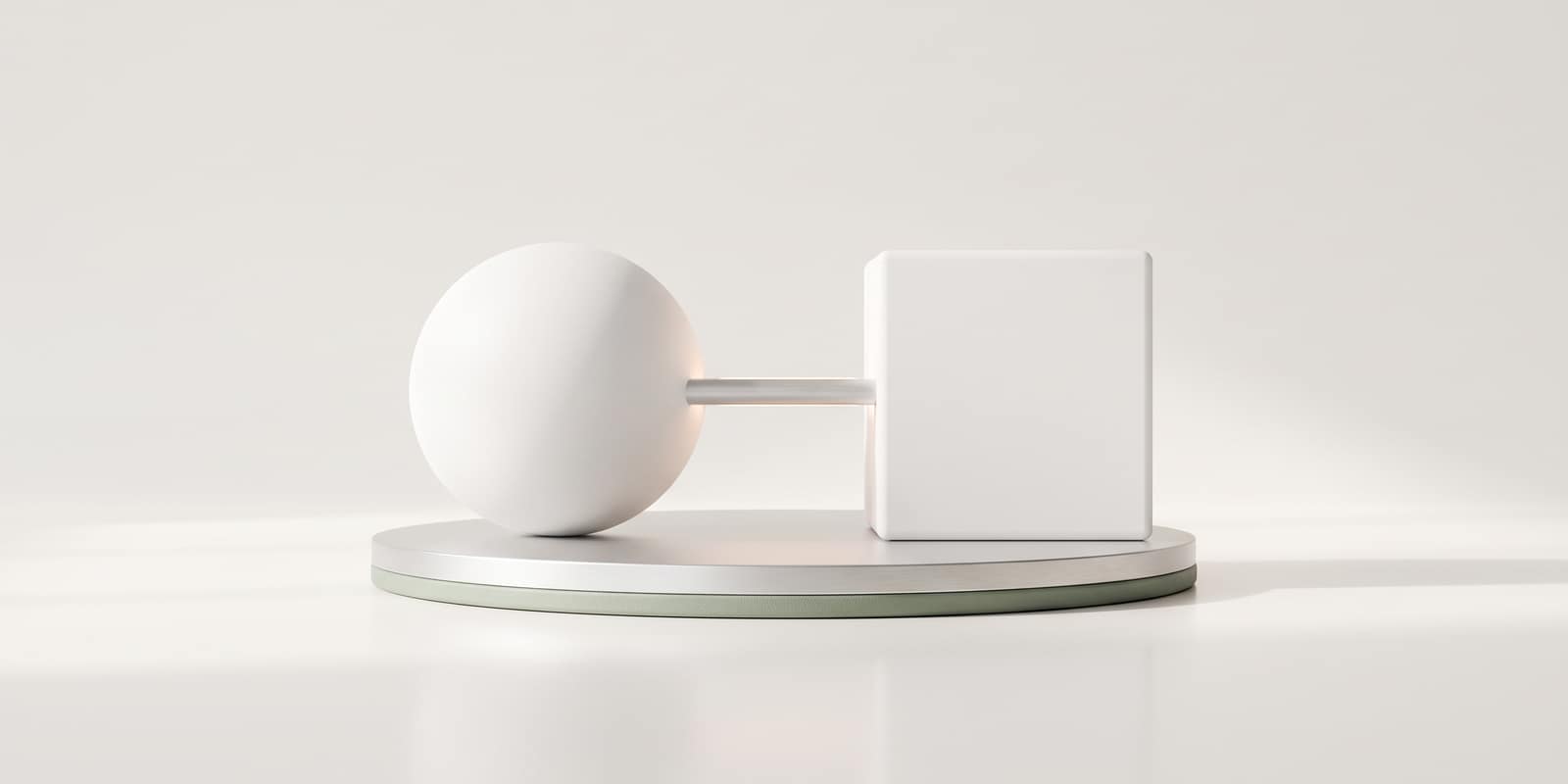 A white sphere and a white cube joined by a slim silver bridge