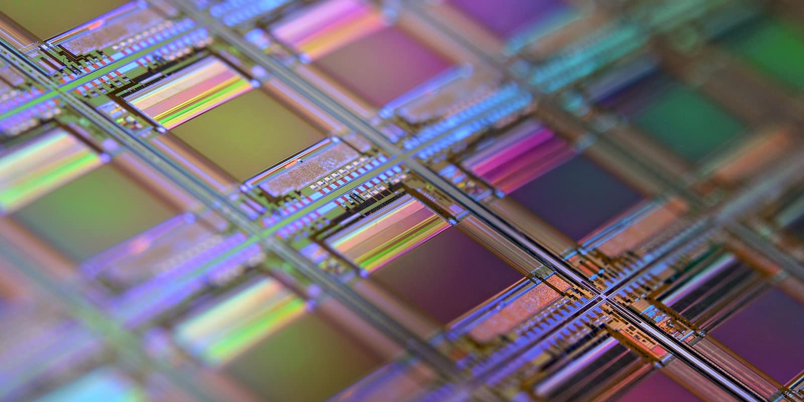 A silicon wafer with a grid of microchip dies