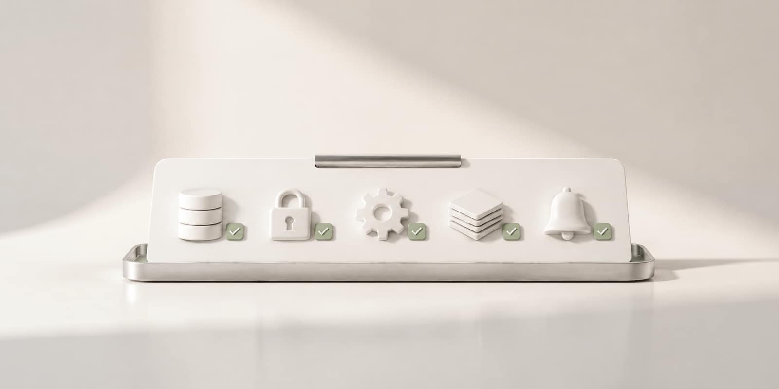 A white inspection board on a silver tray holding five white models, a database, padlock, gear, stack of tiles and bell, each with a sage-green check tab