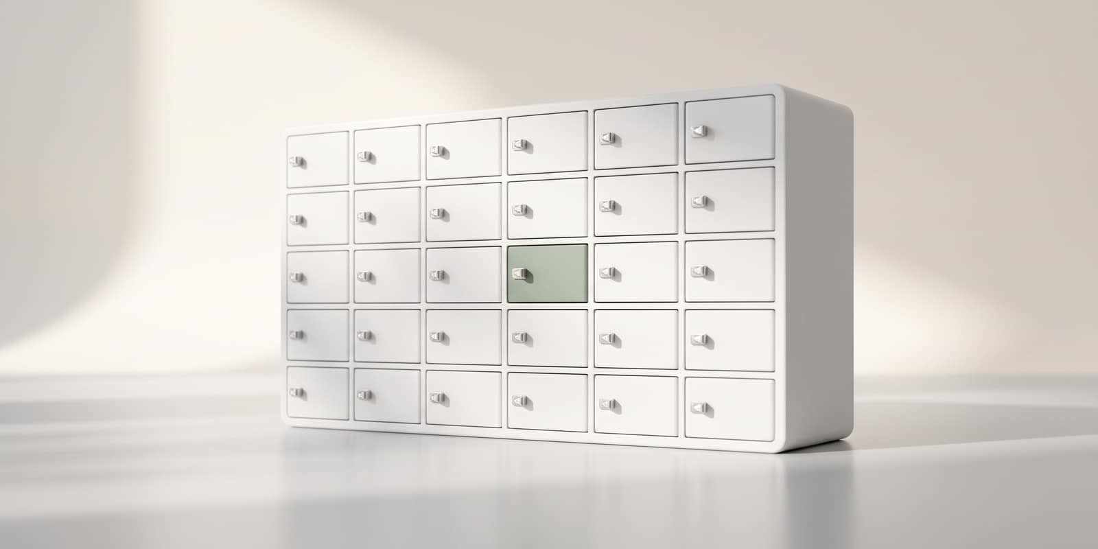 A cabinet of small white compartments with silver latches, one compartment sage green
