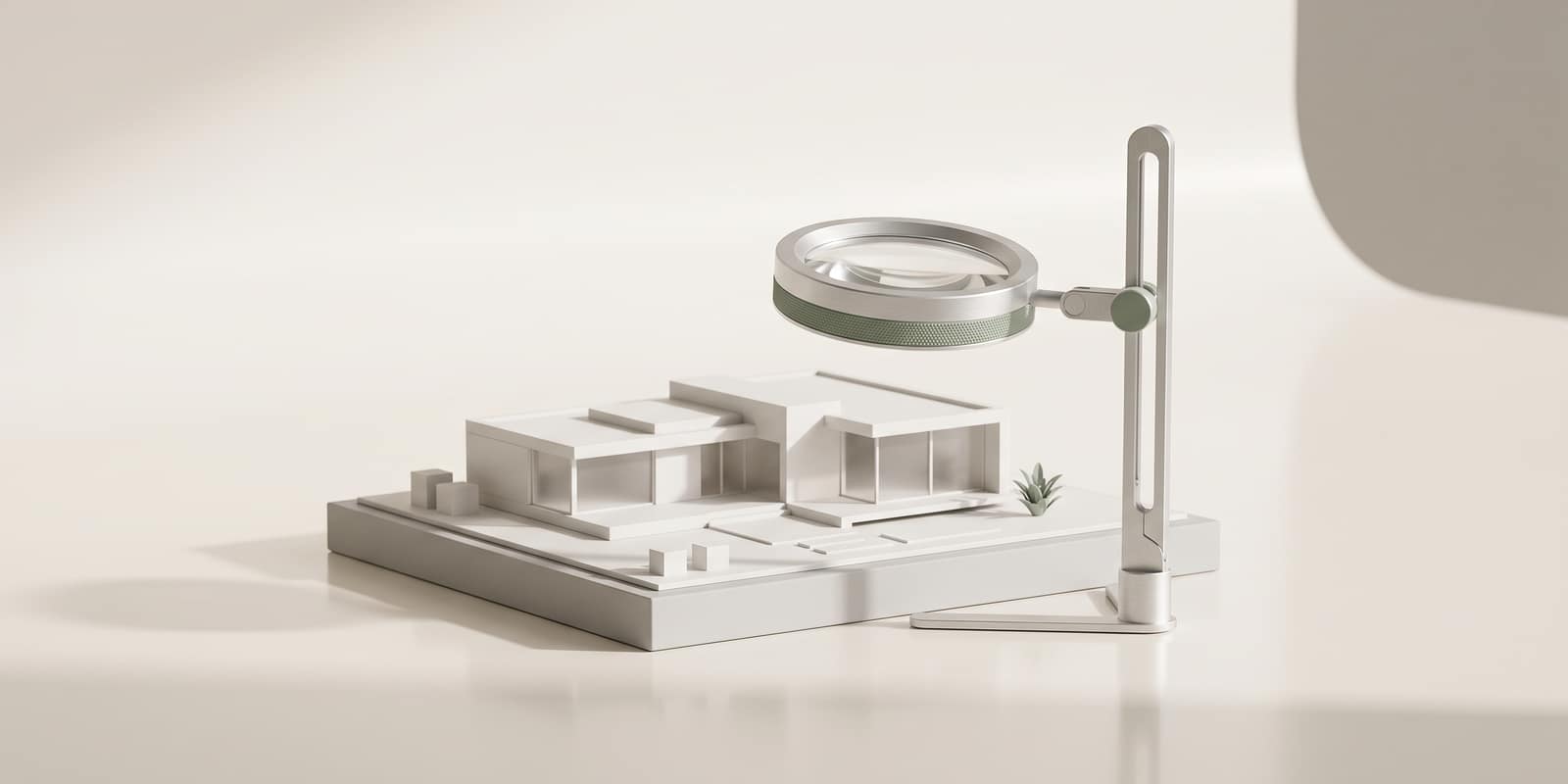A white model house examined under a silver magnifying loupe