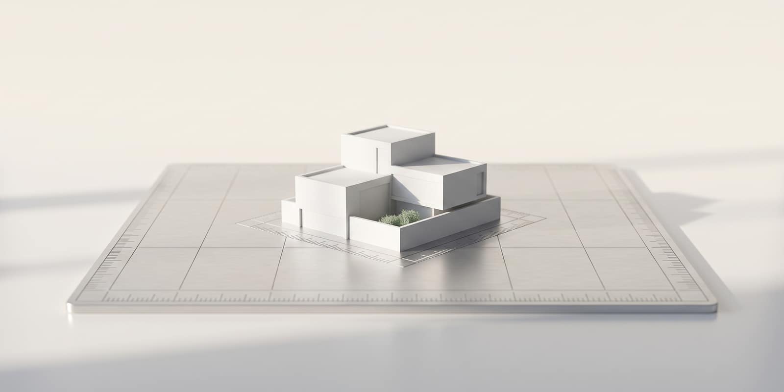 A white model building aligned on a silver grid baseplate with fine measurement lines
